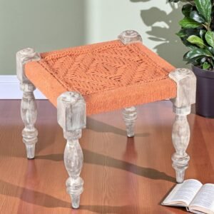 Ikiriya Riaza Sheesham Wood Vintage Square Maachi Stool in Orange Rope Canning