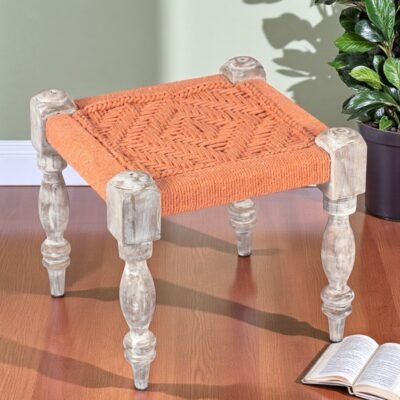 Ikiriya Riaza Sheesham Wood Vintage Square Maachi Stool in Orange Rope Canning