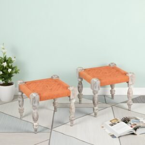 Ikiriya Riaza Sheesham Wood Vintage Square Maachi Set of 2 Stools in Orange Rope Canning