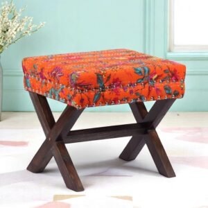 Ikiriya Rosslyn Sheesham Wood Mid Century Rectangle Ottoman in Bird Print Orange Kantha Upholstery