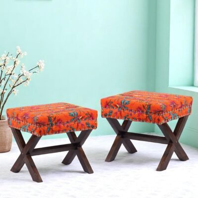 Ikiriya Rosslyn Sheesham Wood Mid Century Rectangle Set of 2 Ottomans in Bird Print Orange Kantha Upholstery