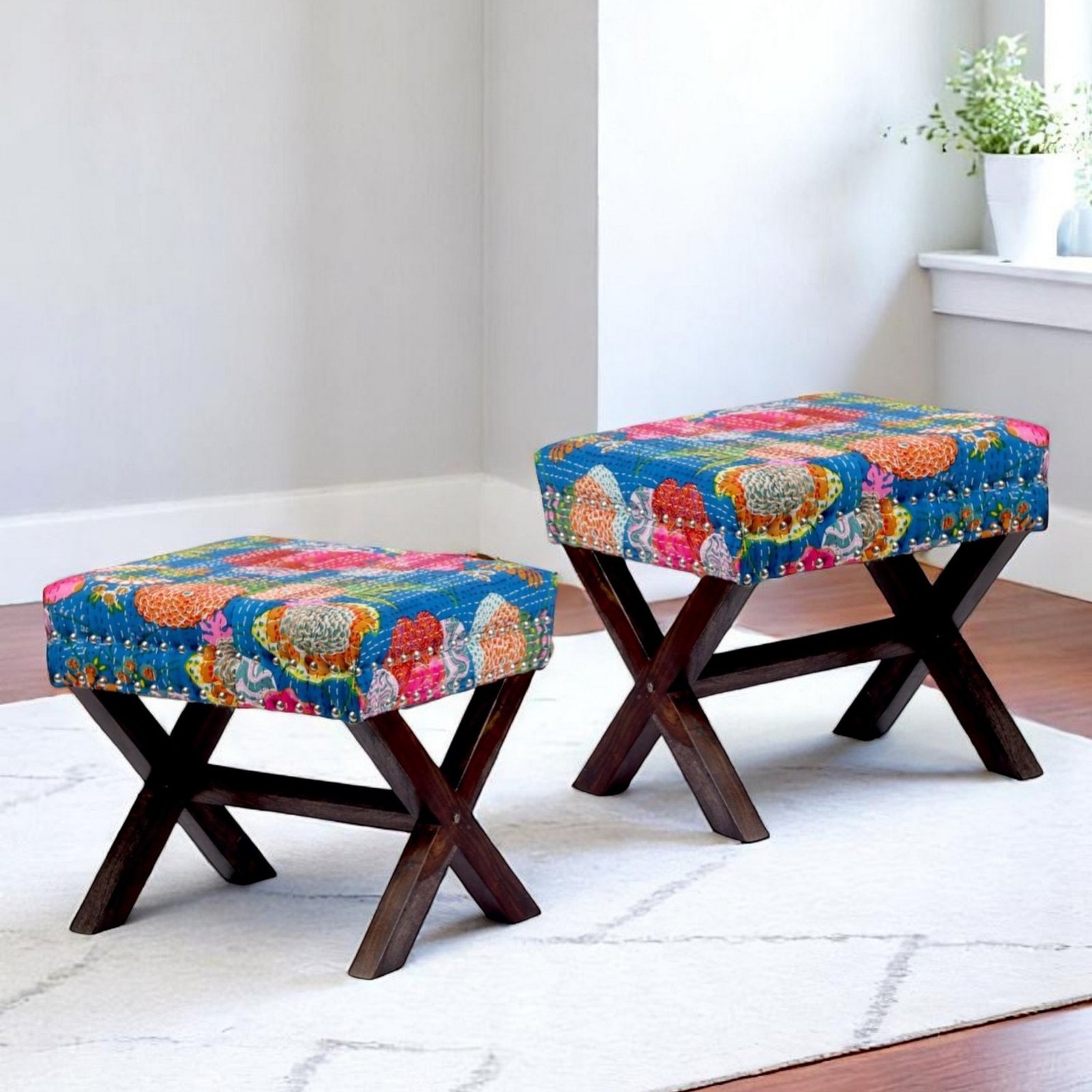 Ikiriya Rosslyn Sheesham Wood Mid Century Rectangle Ottoman in Fruit Print Blue Kantha Upholstery - Image 10
