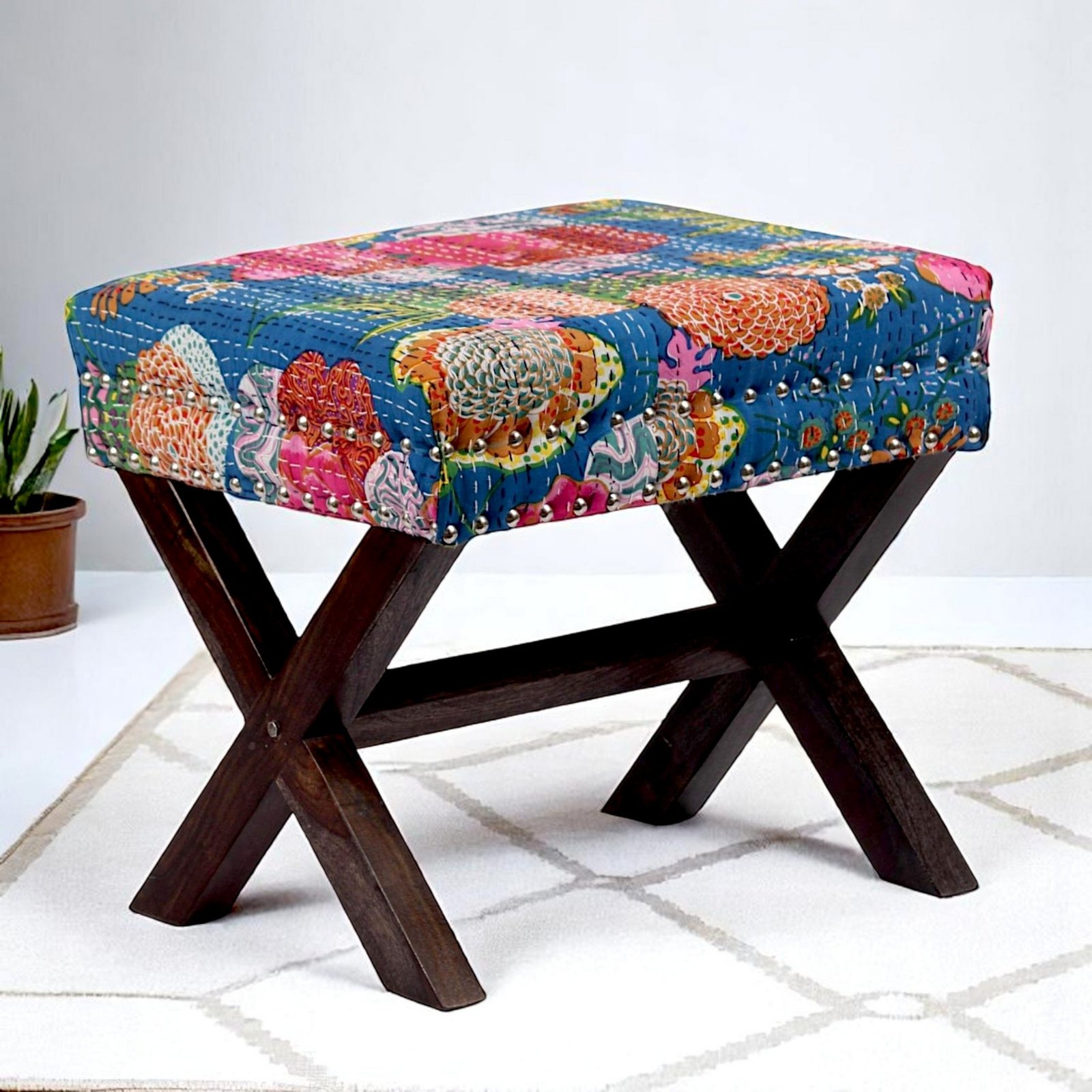 Ikiriya Rosslyn Sheesham Wood Mid Century Rectangle Ottoman in Fruit Print Blue Kantha Upholstery