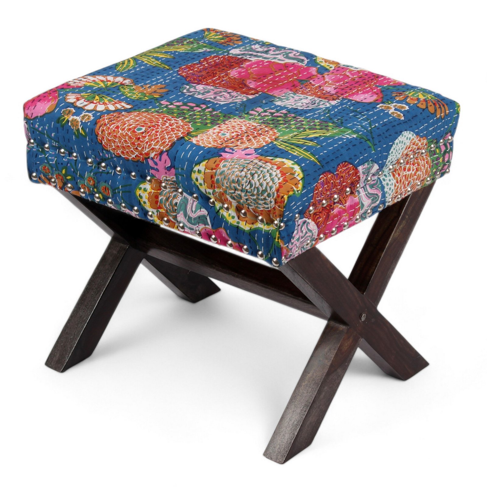 Ikiriya Rosslyn Sheesham Wood Mid Century Rectangle Ottoman in Fruit Print Blue Kantha Upholstery - Image 2