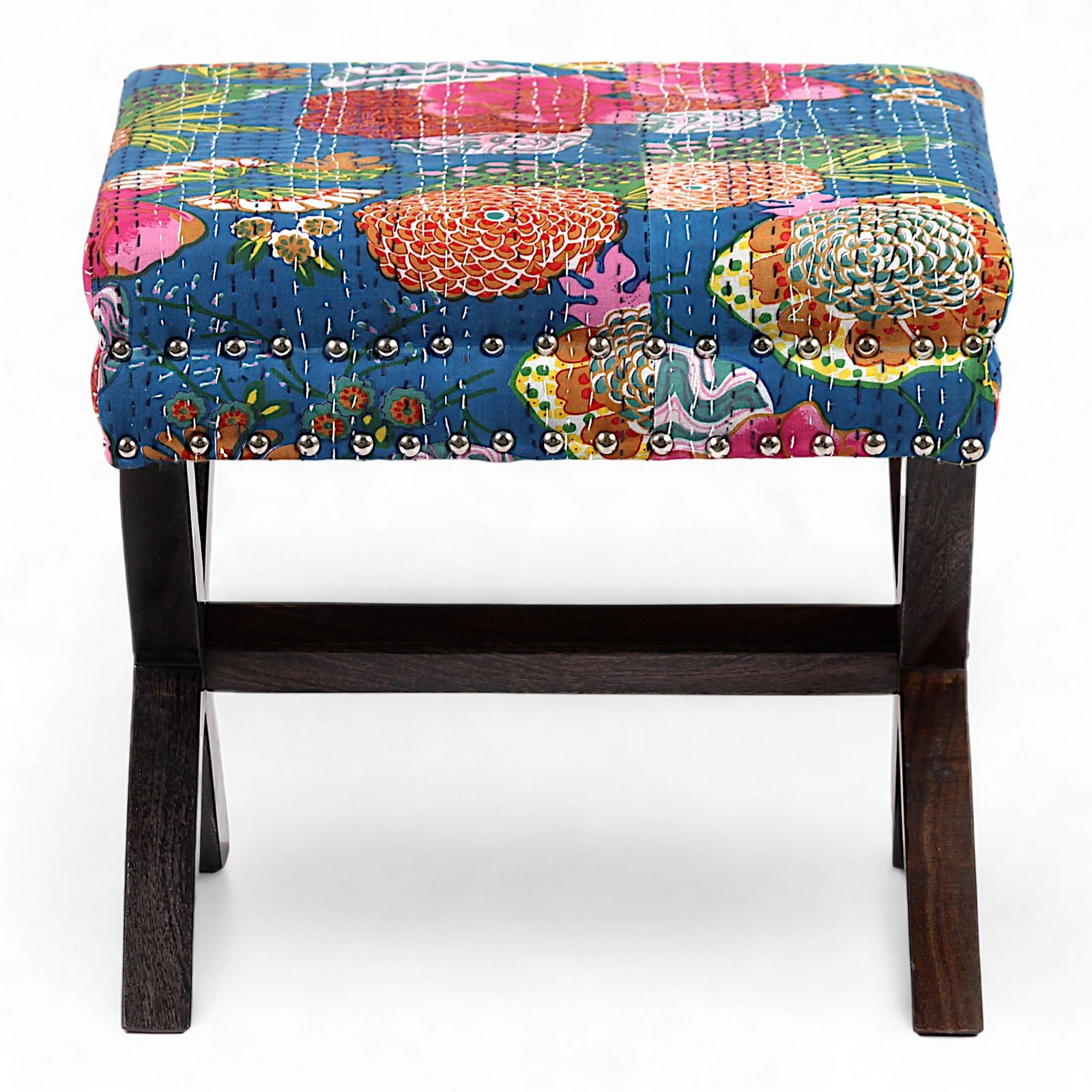 Ikiriya Rosslyn Sheesham Wood Mid Century Rectangle Ottoman in Fruit Print Blue Kantha Upholstery - Image 3