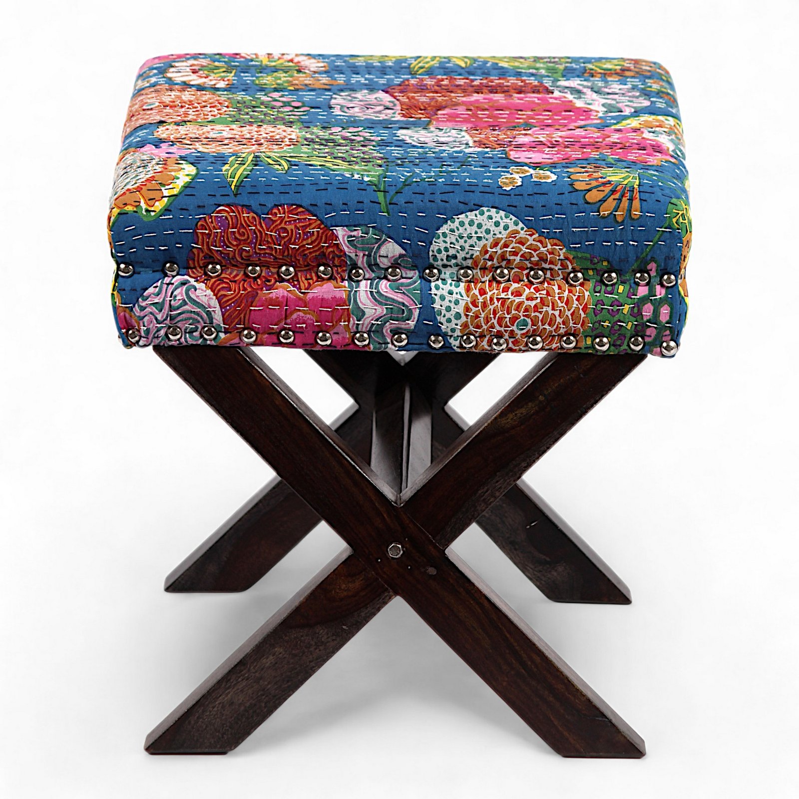 Ikiriya Rosslyn Sheesham Wood Mid Century Rectangle Ottoman in Fruit Print Blue Kantha Upholstery - Image 4