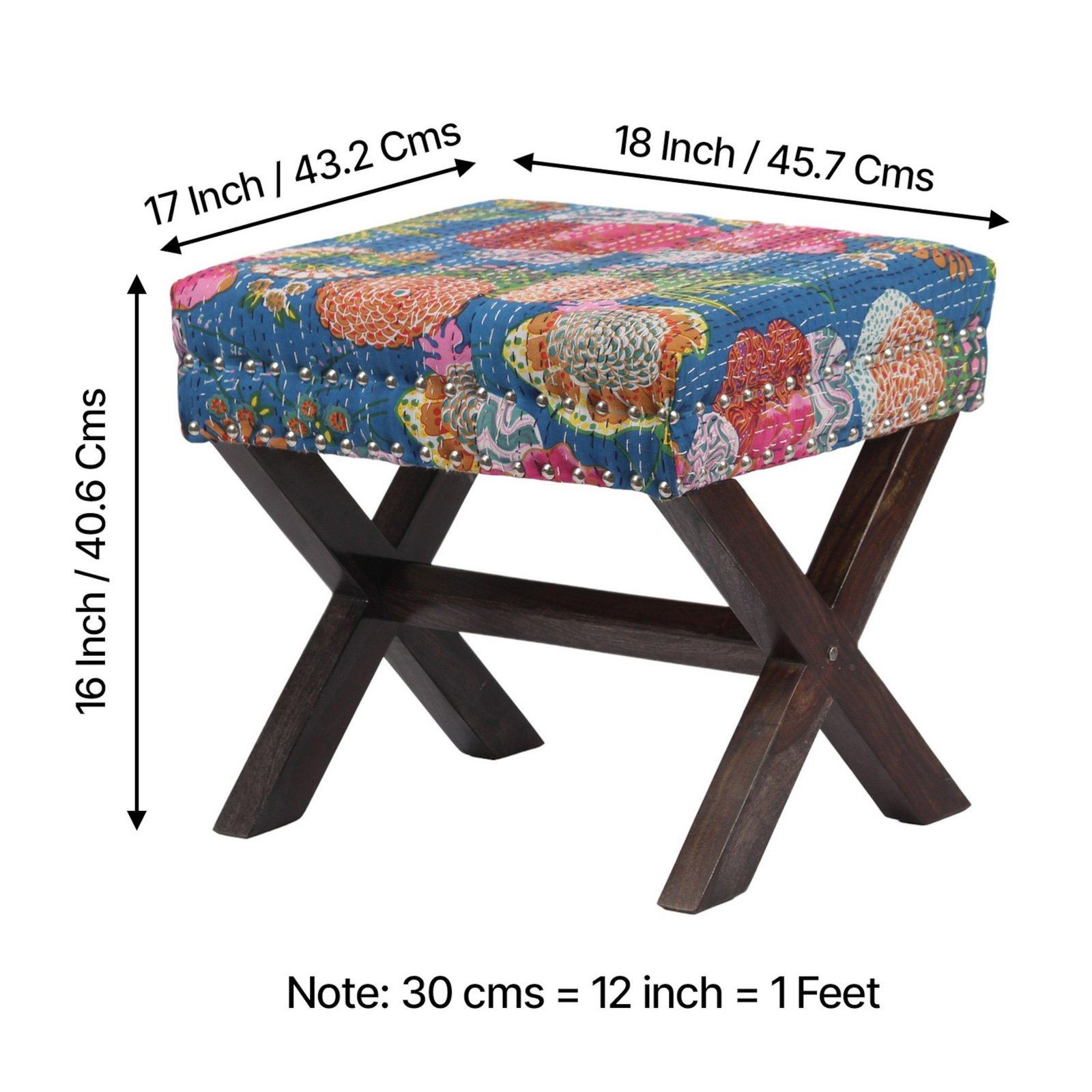 Ikiriya Rosslyn Sheesham Wood Mid Century Rectangle Ottoman in Fruit Print Blue Kantha Upholstery - Image 5