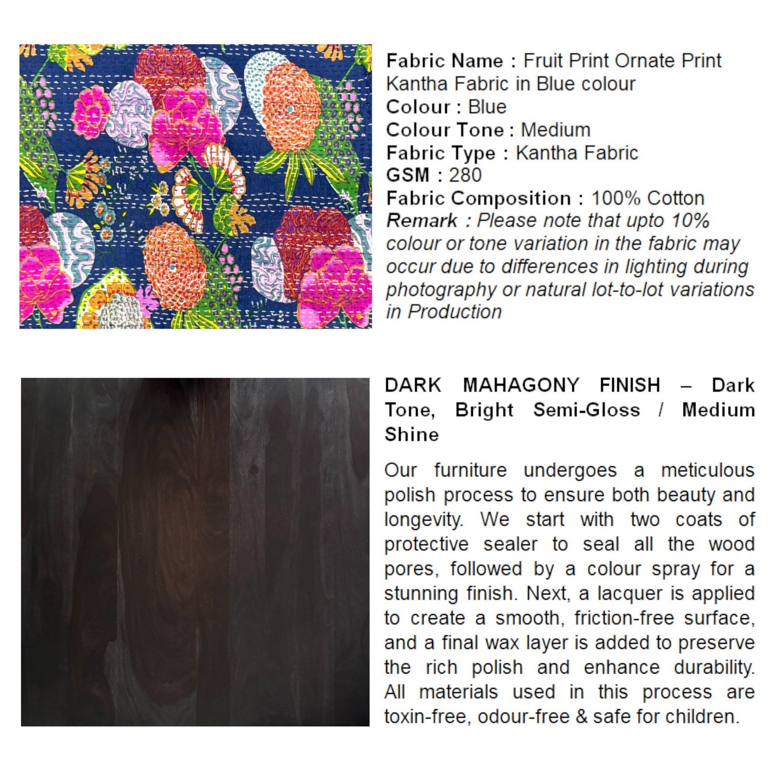 Ikiriya Rosslyn Sheesham Wood Mid Century Rectangle Ottoman in Fruit Print Blue Kantha Upholstery - Image 6