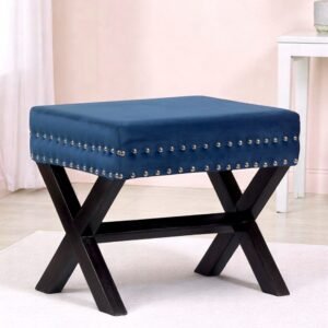 Ikiriya Rosslyn Sheesham Wood Accent Rectangle Ottoman in Navy Blue Velvet Upholstery