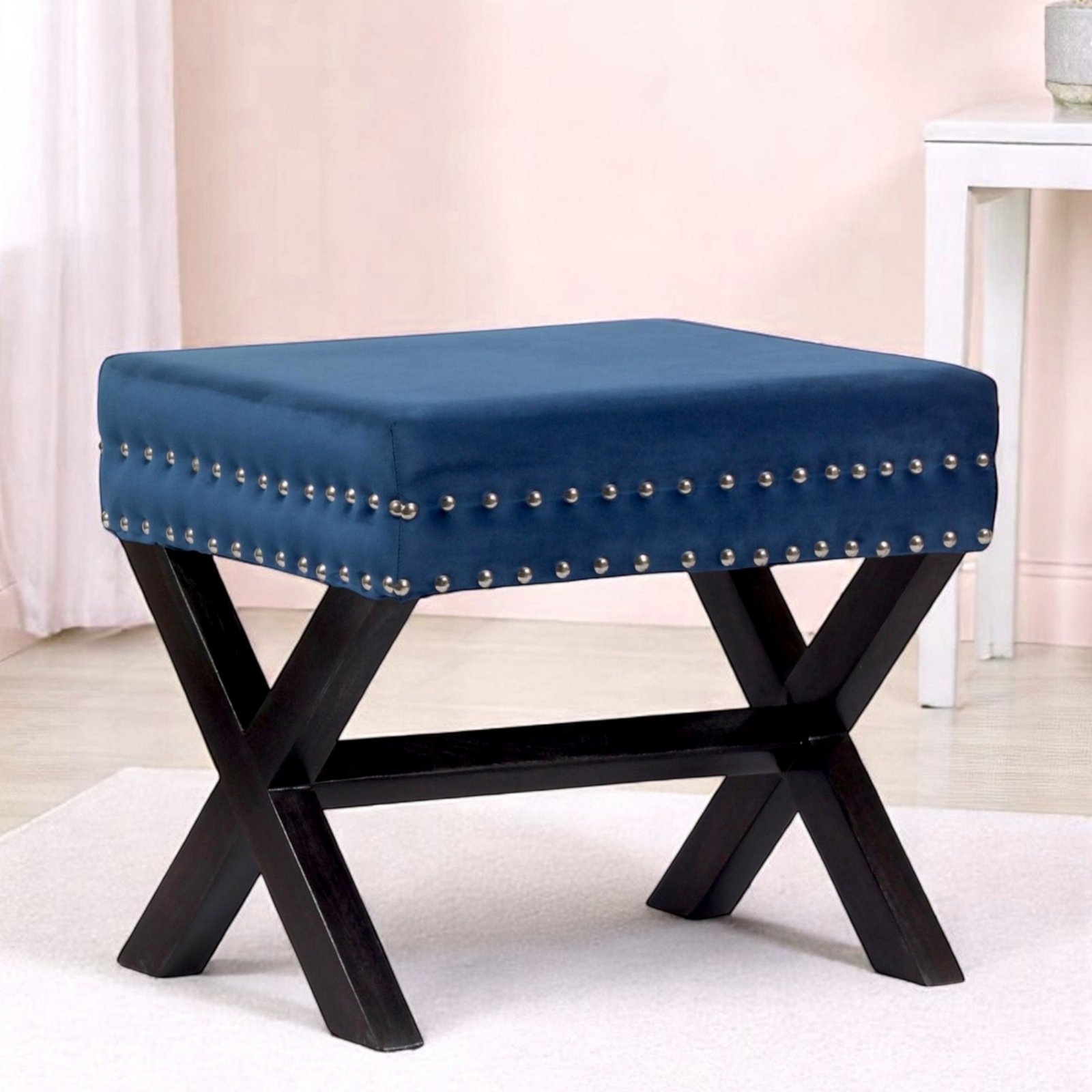 Ikiriya Rosslyn Sheesham Wood Accent Rectangle Ottoman in Navy Blue Velvet Upholstery