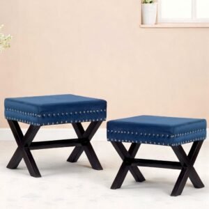 Ikiriya Rosslyn Sheesham Wood Accent Rectangle Set of 2 Ottomans in Navy Blue Velvet Upholstery