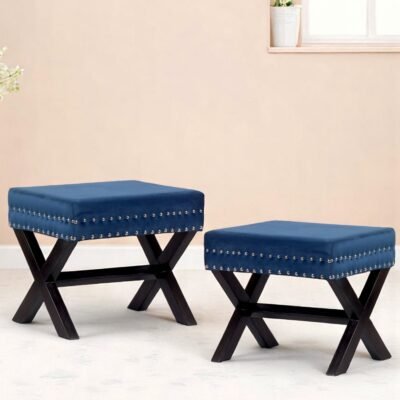 Ikiriya Rosslyn Sheesham Wood Accent Rectangle Set of 2 Ottomans in Navy Blue Velvet Upholstery