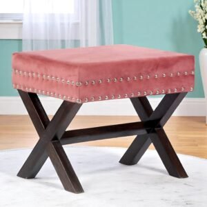 Ikiriya Rosslyn Sheesham Wood Accent Rectangle Ottoman in Coral Pink Velvet Upholstery