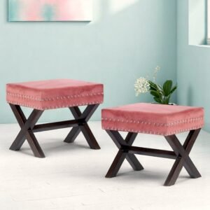Ikiriya Rosslyn Sheesham Wood Accent Rectangle Set of 2 Ottomans in Coral Pink Velvet Upholstery