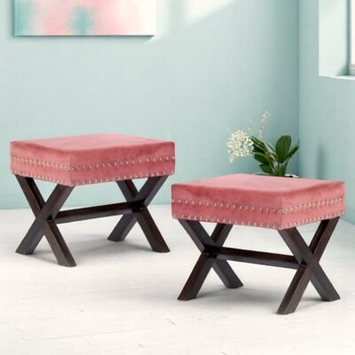 Ikiriya Rosslyn Sheesham Wood Accent Rectangle Set of 2 Ottomans in Coral Pink Velvet Upholstery