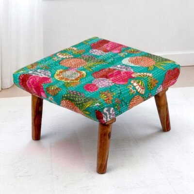 Ikiriya Queens Sheesham Wood Mid Century Square Ottoman in Sea Green Fruit Print Kantha Upholstery