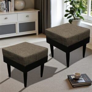 Ikiriya Lisbon Sheesham Wood Accent Square Set of 2 Stools in Jute Brown Upholstery