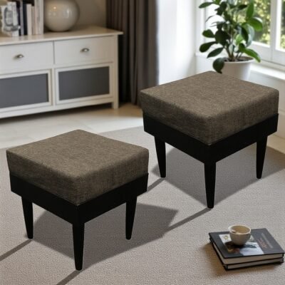 Ikiriya Lisbon Sheesham Wood Accent Square Set of 2 Stools in Jute Brown Upholstery