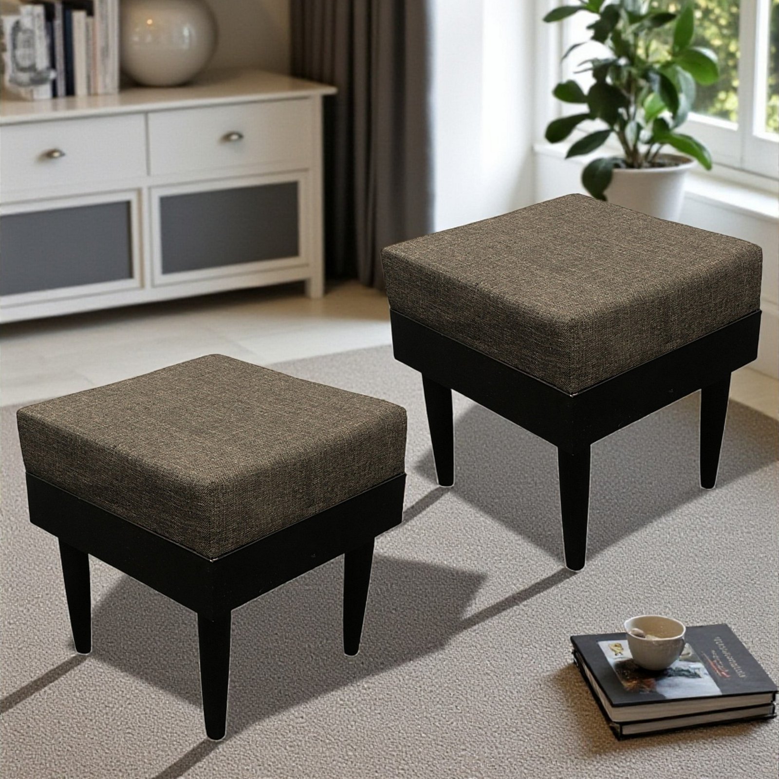 Ikiriya Lisbon Sheesham Wood Accent Square Set of 2 Stools in Jute Brown Upholstery