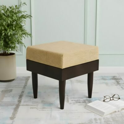 Ikiriya Lisbon Sheesham Wood Accent Square Stool in Beige Mossy Fabric Upholstery