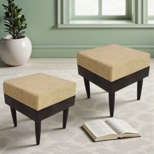 Ikiriya Lisbon Sheesham Wood Accent Square Set of 2 Stools in Beige Mossy Fabric Upholstery