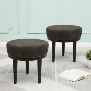 Ikiriya Lisbon Sheesham Wood Accent Round Set of 2 Stools in Jute Brown Upholstery