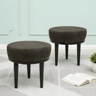 Ikiriya Lisbon Sheesham Wood Accent Round Set of 2 Stools in Jute Brown Upholstery