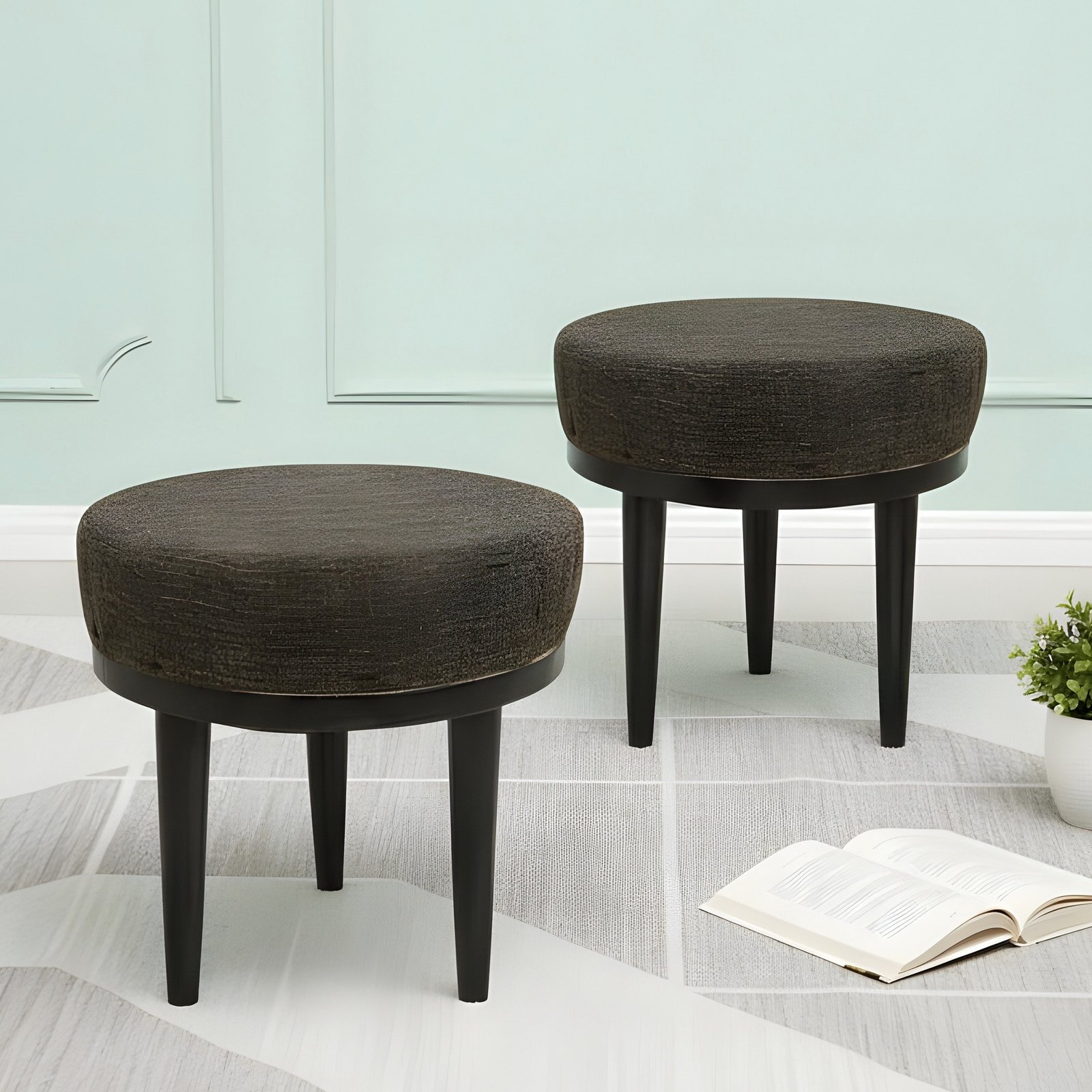 Ikiriya Lisbon Sheesham Wood Accent Round Set of 2 Stools in Jute Brown Upholstery