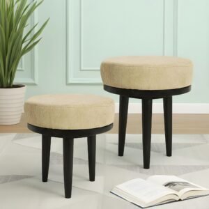 Ikiriya Lisbon Sheesham Wood Accent Round Set of 2 Stools in Beige Mossy Fabric Upholstery