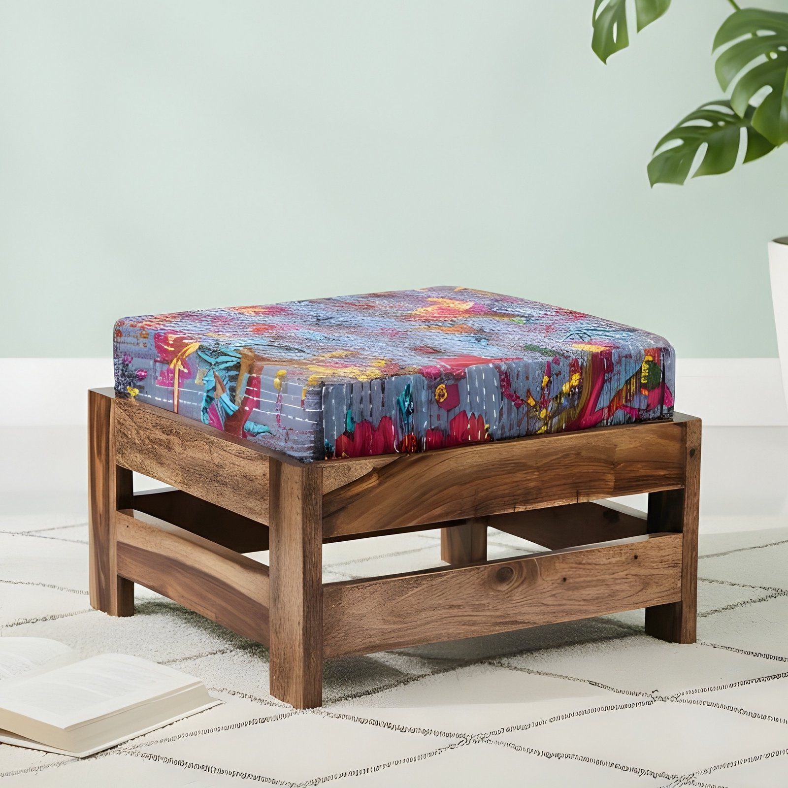 Ikiriya Amber Sheesham Wood Mid Century Round Foot Stool in Teak Finish with Grey Brid Print Kantha Cushion