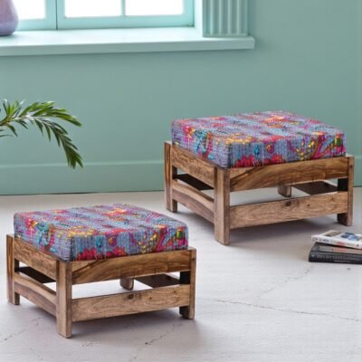 Ikiriya Amber Sheesham Wood Mid Century Square Set of 2 Foot Stools in Teak Finish with Grey Brid Print Kantha Cushion