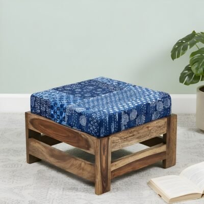 Ikiriya Amber Sheesham Wood Mid Century Square Foot Stool in Teak Finish with indigo Patchwork Kantha Cushion
