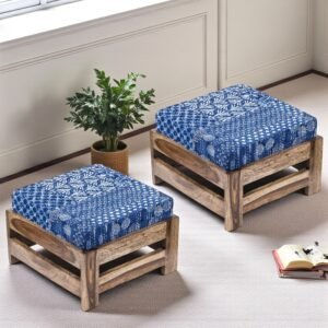 Ikiriya Amber Sheesham Wood Mid Century Square Set of 2 Foot Stools in Teak Finish with indigo Patchwork Kantha Cushion