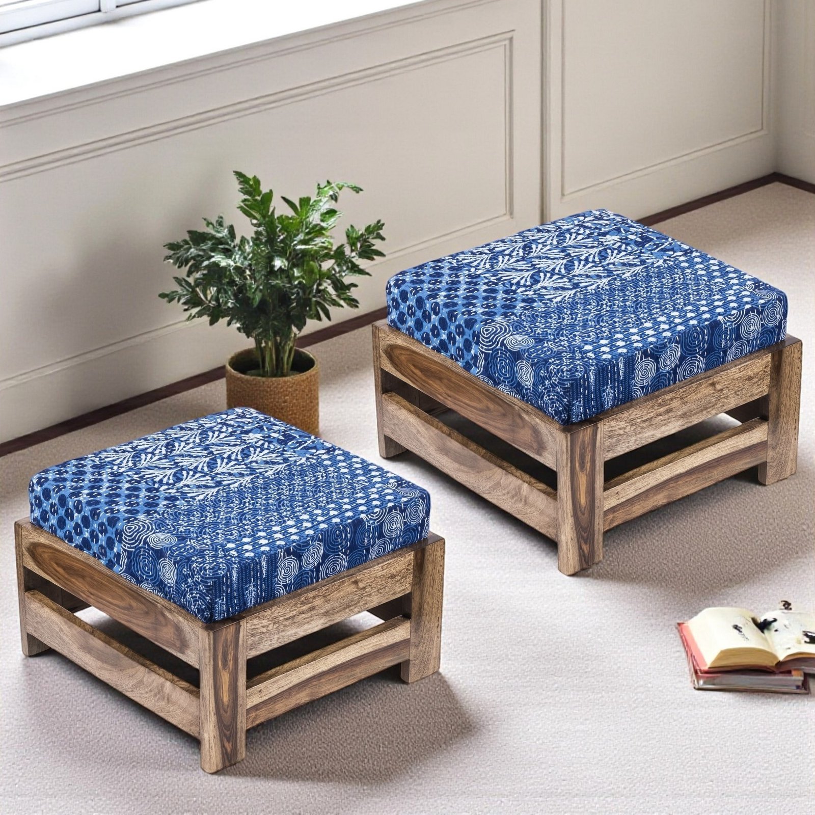 Ikiriya Amber Sheesham Wood Mid Century Square Set of 2 Foot Stools in Teak Finish with indigo Patchwork Kantha Cushion