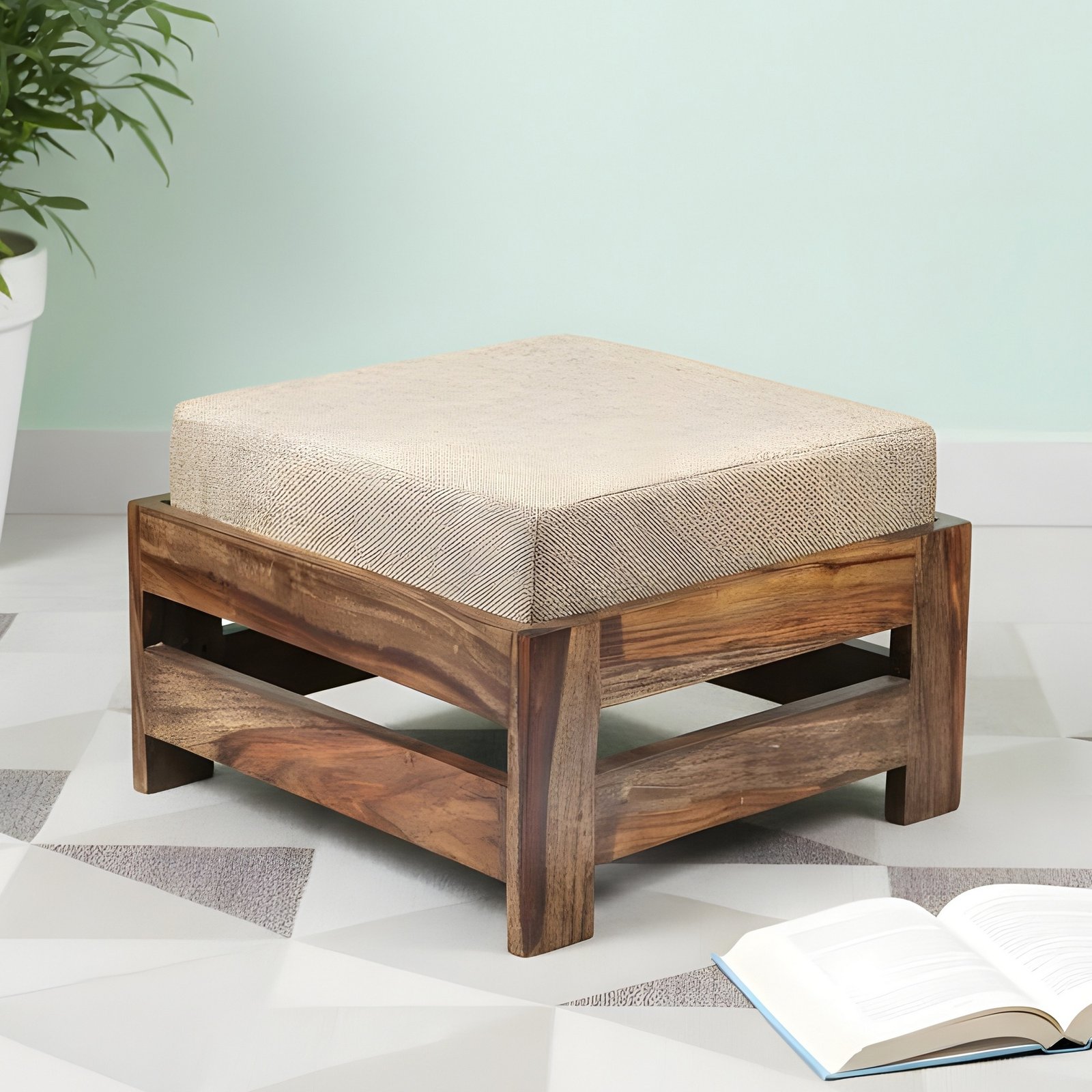Ikiriya Amber Sheesham Wood Contemporary Square Foot Stool in Teak Finish with Jute Beige Cushion