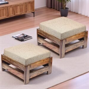 Ikiriya Amber Sheesham Wood Contemporary Square Set of 2 Foot Stools in Teak Finish with Jute Beige Cushion