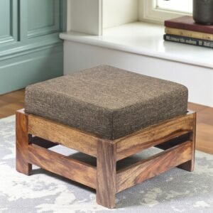 Ikiriya Amber Sheesham Wood Contemporary Square Foot Stool in Teak Finish with Jute Brown Cushion