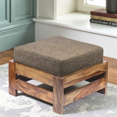 Ikiriya Amber Sheesham Wood Contemporary Square Foot Stool in Teak Finish with Jute Brown Cushion