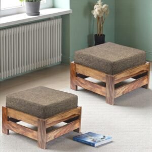 Ikiriya Amber Sheesham Wood Contemporary Square Set of 2 Foot Stools in Teak Finish with Jute Brown Cushion