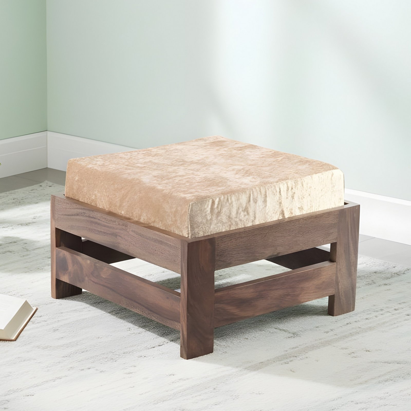 Ikiriya Amber Sheesham Wood Contemporary Square Foot Stool in Teak Finish with Beige Sparkle Velvet Cushion