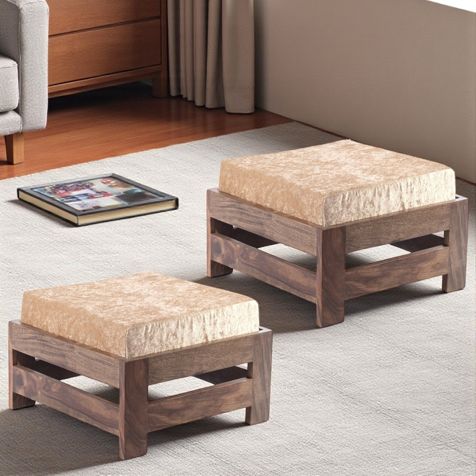 Ikiriya Amber Sheesham Wood Contemporary Square Set of 2 Foot Stools in Teak Finish with Beige Sparkle Velvet Cushion