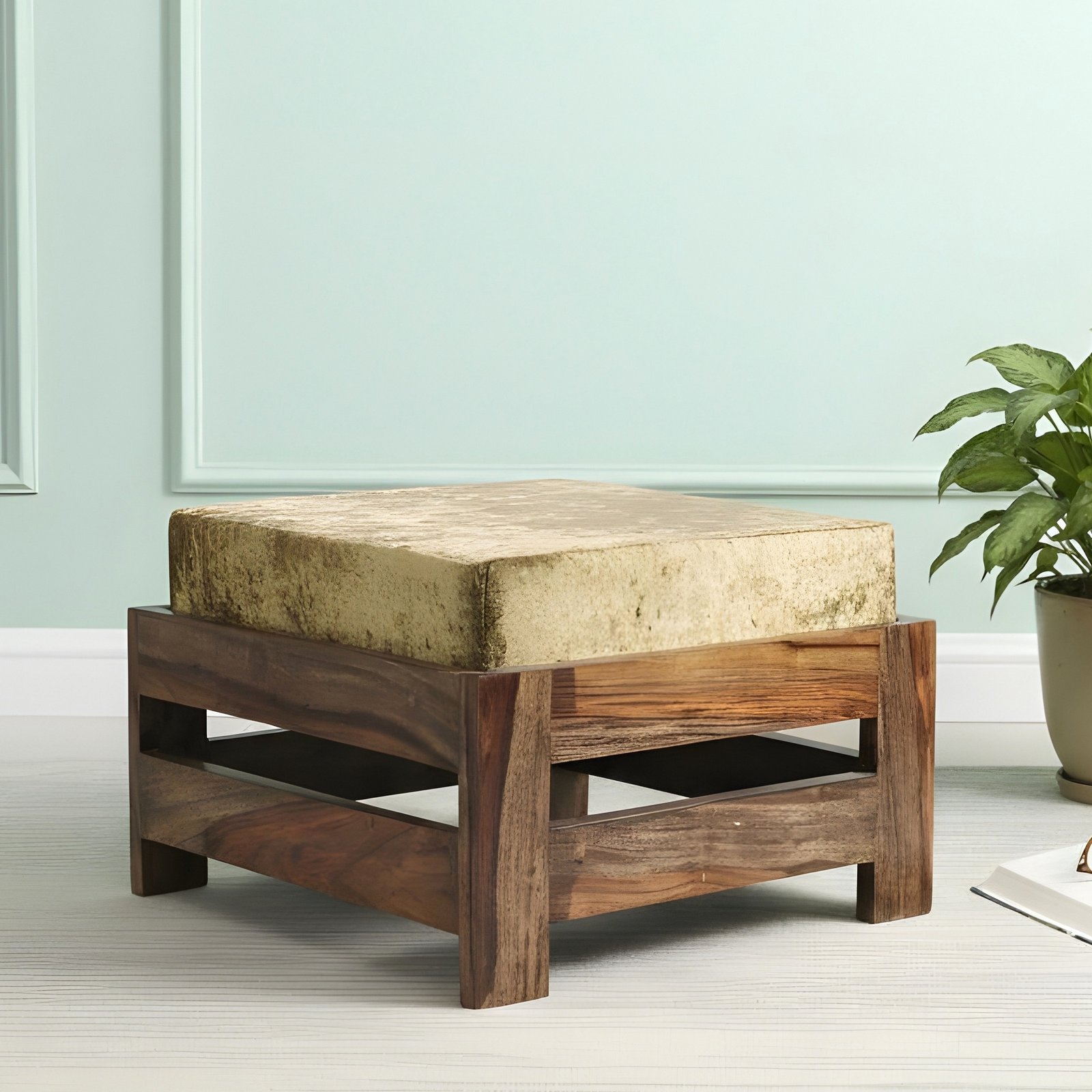 Ikiriya Amber Sheesham Wood Contemporary Square Foot Stool in Teak Finish with Green Sparkle Velvet Cushion