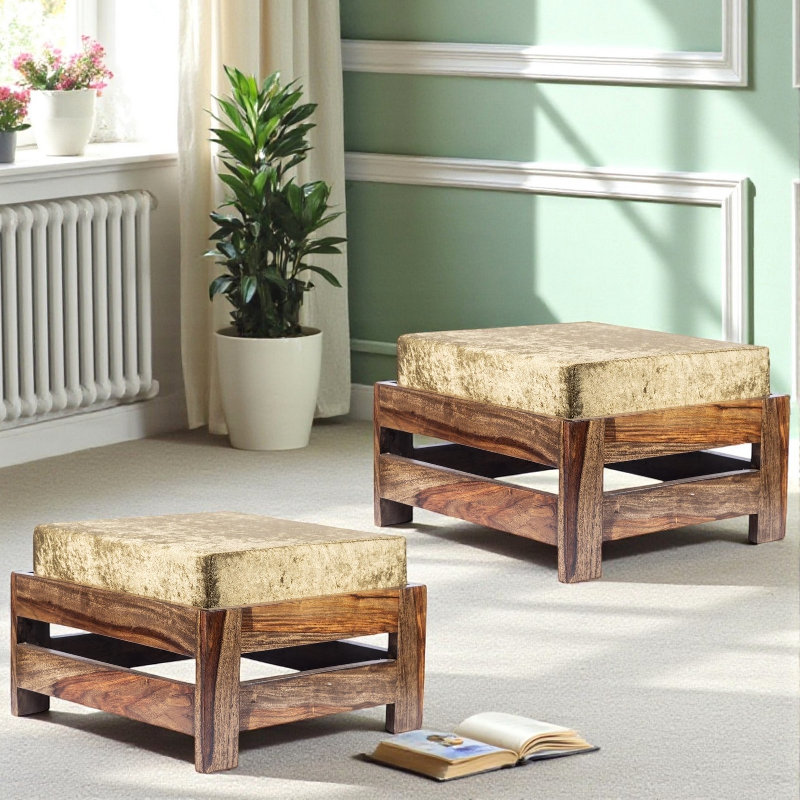 Ikiriya Amber Sheesham Wood Contemporary Square Set of 2 Foot Stools in Teak Finish with Green Sparkle Velvet Cushion