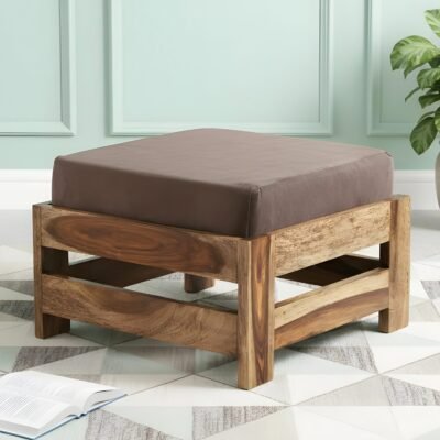 Ikiriya Amber Sheesham Wood Contemporary Square Foot Stool in Teak Finish with Cedar Brown Velvet Cushion