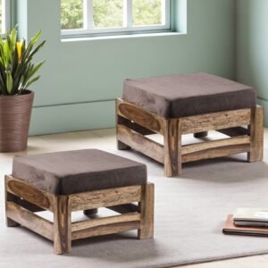 Ikiriya Amber Sheesham Wood Contemporary Square Set of 2 Foot Stools in Teak Finish with Cedar Brown Velvet Cushion