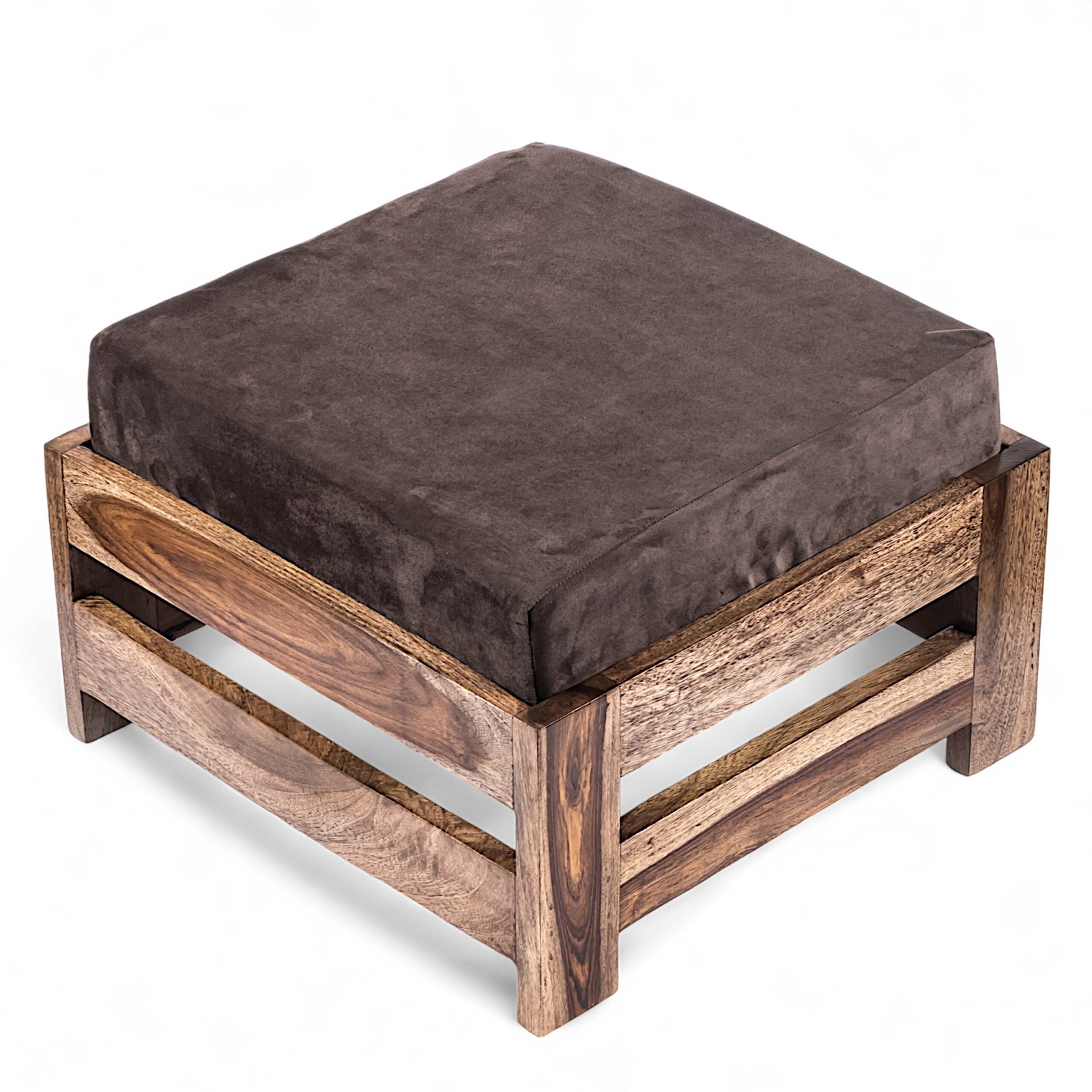 Ikiriya Amber Sheesham Wood Contemporary Square Set of 2 Foot Stools in Teak Finish with Cedar Brown Velvet Cushion - Image 3