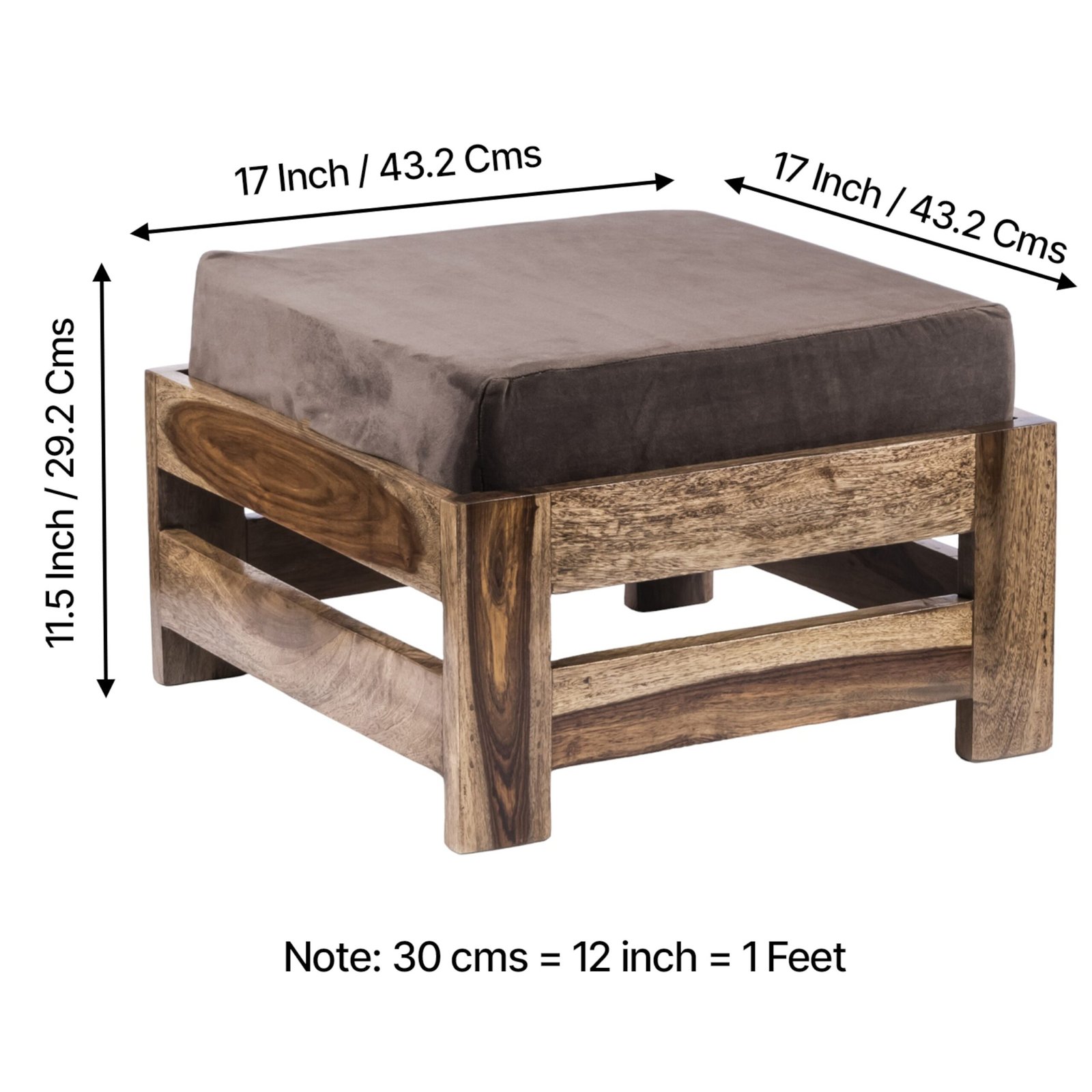 Ikiriya Amber Sheesham Wood Contemporary Square Set of 2 Foot Stools in Teak Finish with Cedar Brown Velvet Cushion - Image 5
