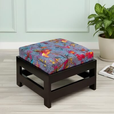 Ikiriya Amber Sheesham Wood Mid Century Square Foot Stool in Extra Dark Mahagony Finish with Grey Brid Print Kantha Cushion