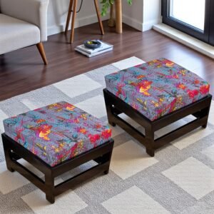 Ikiriya Amber Sheesham Wood Mid Century Square Set of 2 Foot Stools in Extra Dark Mahagony Finish with Grey Brid Print Kantha Cushion