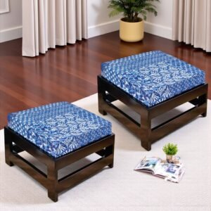 Ikiriya Amber Sheesham Wood Mid Century Square Set of 2 Foot Stools in Extra Dark Mahagony Finish with indigo Patchwork Kantha Cushion